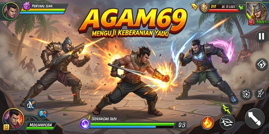 Gameplay AGAM69 dengan karakter bertarung dalam arena penuh aksi.