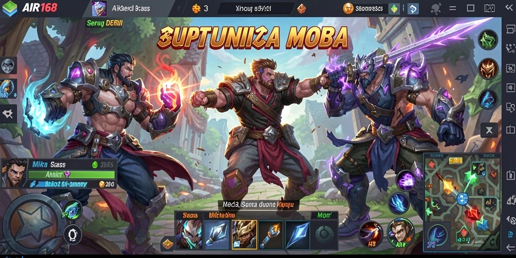 Screenshot utama menunjukkan pertarungan epik di arena MOBA.
