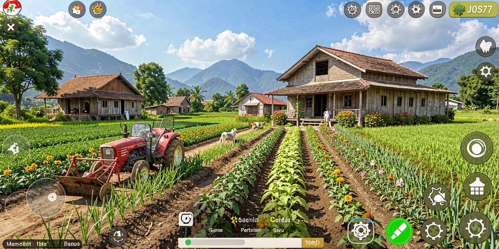 Tampilan gameplay JOS77 menampilkan ladang hijau yang subur dan hewan ternak.