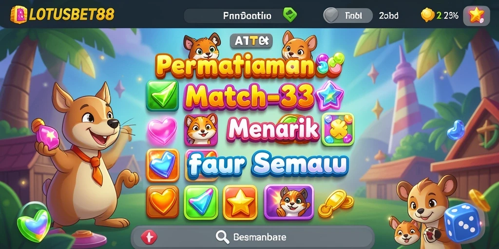 Screenshot LOTUSBET88 menunjukkan gameplay Match-3 yang seru dan penuh warna.