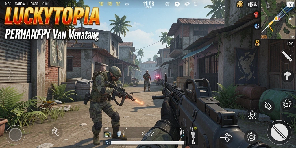 Screenshot gameplay LUCKYTOPIA dengan aksi pertempuran yang intens.