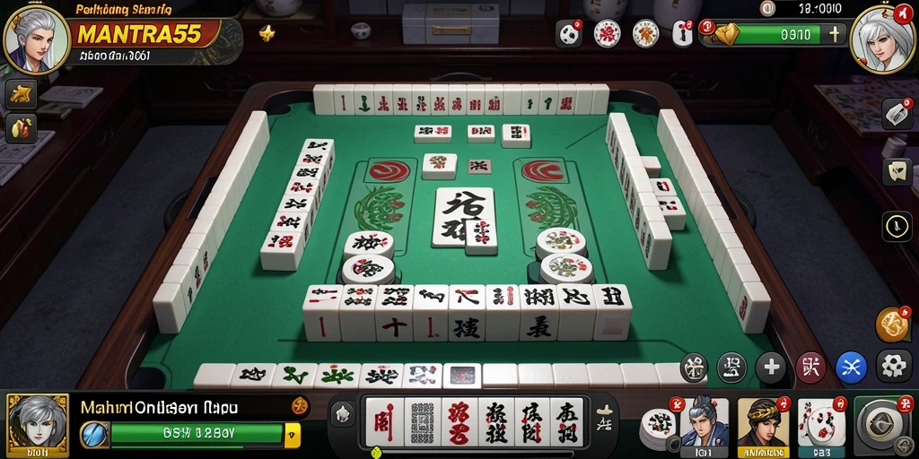 Screenshot utama gameplay MANTRA55 yang menampilkan papan Mahjong yang menarik.
